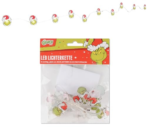 The Grinch – LED-Lichterkette 1,4m für innen – Weihnachtslichterkette mit 10 warmweißen Lichtern aus Kunststoff – Humorvolle Weihnachtsdeko mit Grinchmotiv für Fenster, Regal, Kommode & Weihnachtsbaum