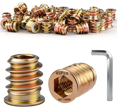 Dshunnc 45 stycken skruvmuttrar M5 x 10 mm gänginsats trä, rampamuff M5, galvaniserade sexkantiga skruvmuttrar för trämöbler, hyllor, arbetsbänkar, trädgårdsmöbler