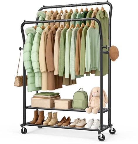 EAGMAK Heavy Duty Clothes Rail Load 378 kg, Double Rods Clothing Rails on Wheels, Height Adjustable Hanging Rack with Shelves & Coat Hooks, Portable Metal Standing Wardrobe for Bedroom Laundry, Black