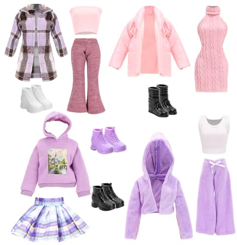 Miunana 9 Pezzi Abbigliamento e Accessori per Bambole Ragazze da 11,5 Pollici Abbigliamento Casual Piumino Giacca Outfits Vestito Maglione Pantaloni Gonna con 4 Scarpe Regalo per Ragazze