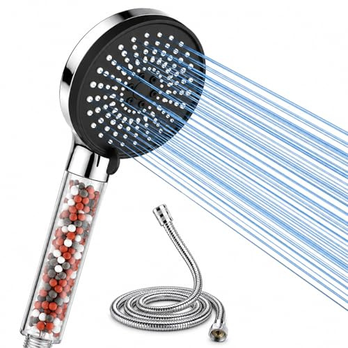 Shower Head Hard Water Filter and Hose Set 1.5m High Pressure Large Pane | With 5 Spray Modes for Low Water Pressure Anti-Limescale Silicone Nozzles Universal G1/2 Connection