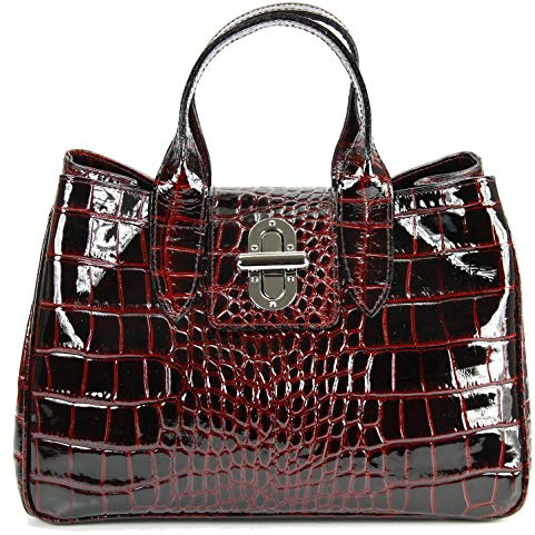 Belli Echt Leder Handtasche italienische Damen Ledertasche Umhängetasche Henkeltasche in bordeaux lack kroko - 36x25x18 cm (B x H x T)