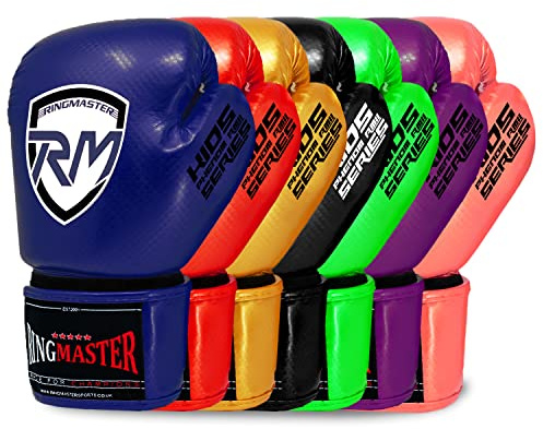 RingMaster Sports Kids Boxing Gloves Carbon Leather Training Sparring Punch Bag Mitt (Blue, 6 oz)