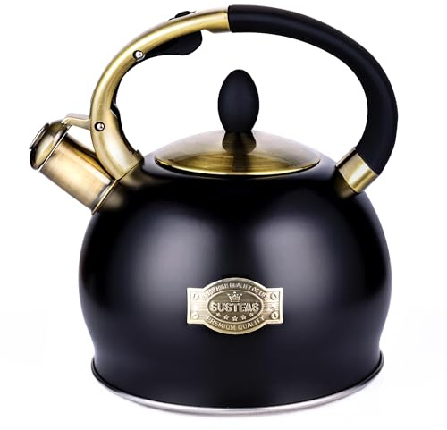 SUSTEAS Stove Top Whistling Tea Kettle - Food Grade Stainless Steel Teakettle Teapot with Cool Touch Ergonomic Handle, With 1 Silicone Pinch Mitt Included, 2.64 Quart(BLACK)