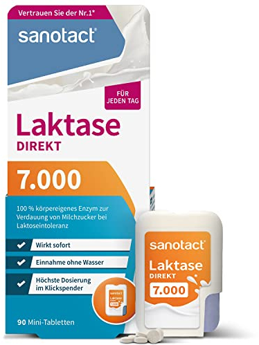 sanotact Laktase 7.000 DIREKT (90 Mini Laktasetabletten) • Laktose Tabletten für jeden Tag • Bei Laktoseintoleranz, Laktose- & Milchunverträglichkeit • Schnelle Einnahme ohne Wasser