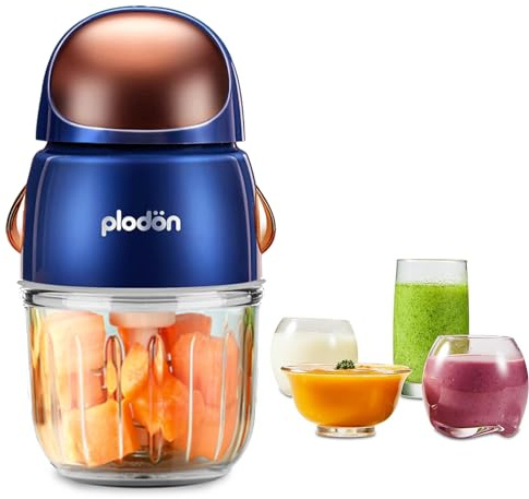 Plodon Baby Food Maker Mini Cute and Small Food Processor Puree Blender Grinder Chopper 300ml Cup Glass Bowl with 8 Blade Electric (Blue)