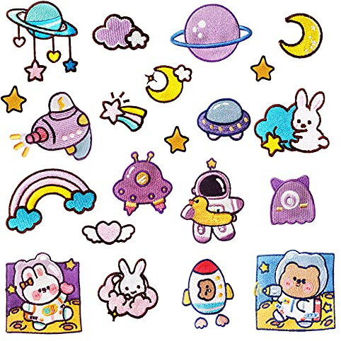 Woohome 21 Stück Patches zum Aufbügeln Lila Space Astronaut Eisen Auf Sternenhimmel Space Rabbit Space Bear Patch Sticker für Kleidung Jacke T-Shirt DIY Zubehör Schuhees