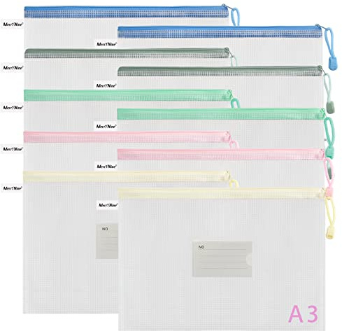 MerryNine Reißverschlusstasche Dokumententasche (10 Stück), Buchstabengröße, wasserdichte Dokumententasche mit Kartenfach für Schule, Büro, Rechnungen, Kreuzstich-Organisation, Aufbewahrung (A3)
