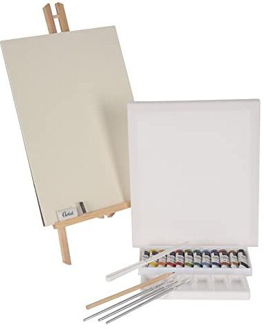 Spetebo Malset mit Tisch Staffelei - 34 Teile - Acrylfarben Set mit Leinwand - Künstler Malerei Zubehör für Kinder und Erwachsene Geschenkidee