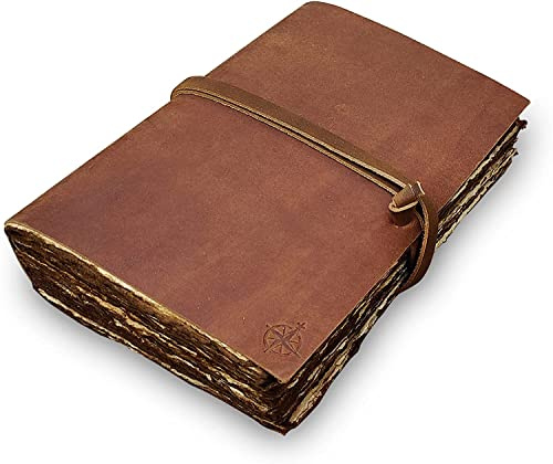 WANDERINGS Vintage Leather Journal - 18 x 13 Cm - Antique Handmade Leather Bound Journal with Old Fashioned Deckle Edge Paper - Perfect for Writing a Diary Notetaking Sketching
