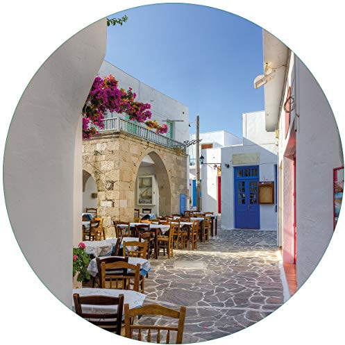 Wallario Glasbild rund Gasse in Griechenland - Rund, 50 cm Durchmesser Wandbild Glas in Premium-Qualität: Brillante Farben, freischwebende Optik