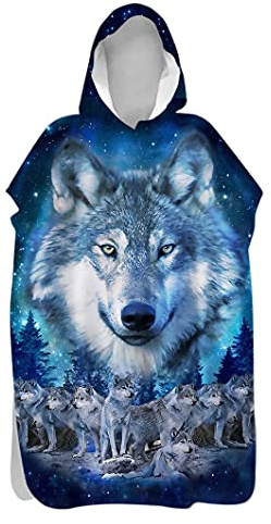 Hiseng Erwachsene Kinder Badeponcho, Wolf Drucken Bademantel Weich Badetuch Mikrofaser Schnelltrocknend Surf Poncho Schwimmen Strand Poncho mit Kapuze (Wolfsrudel,80x145cm)