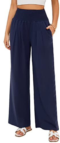 Famulily Summer Trousers for Women UK Straight High Waisted Linen Beach Cover Up Pants Navy Blue M