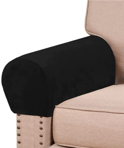 GAMUKAI Stretch Armrest Covers Velvet Arm Covers for Chairs Couch Sofa Armchair Slipcovers for Recliner Sofa 2pcs (Black)
