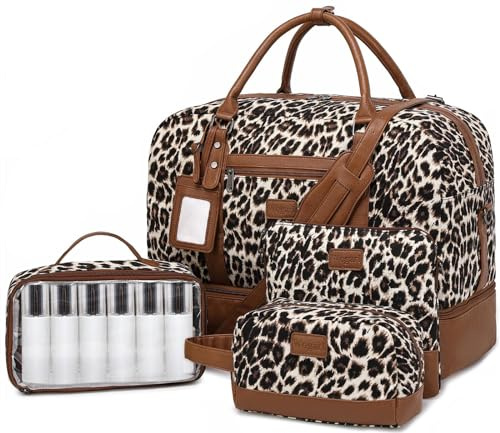 Wogarl Weekender Bags for Women Large Overnight Bag Weekend Travel Duffel Bag Carry on Shoulder with Shoe Compartment Canvas Toiletry Bag Tote with Trolley Sleeve for Travel Business Gym,Leopard