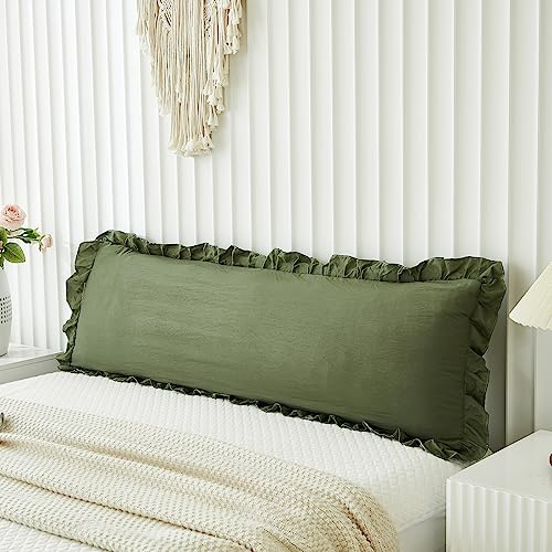 Shabby Chic Olive Green Body Pillow Cover - 20x54in Long Pillowcase with Ruffled Fringe Decor