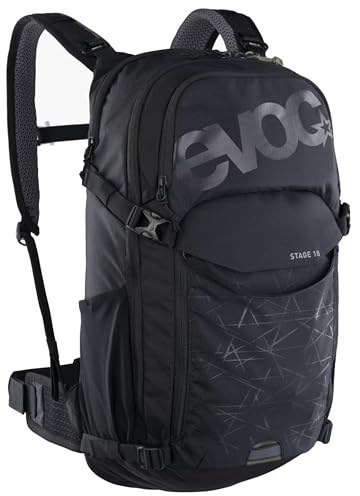 EVOC STAGE 18, Zaino (spallacci regolabili con BRACE LINK, AIR FLOW CONTACT SYSTEM, incl. scomparto per vescica d'idratazione, scomparto per attrezzi e cinghie di compressione, Taglia unica), Nero