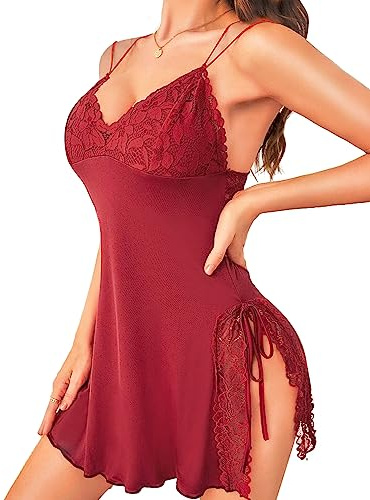RSLOVE Lencería Sexy para Mujer - Vestido de Babydoll, Ropa Interior, Pijama, Borgoña, XXL
