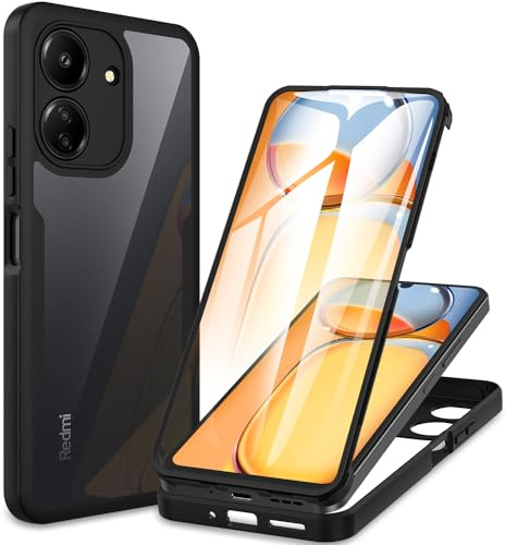 CENHUFO Funda Xiaomi Redmi 13C / Poco C65, 360 Grados Antigolpes con Protector Pantalla Integrado Robusta Doble Cara Case Transparente Anti-Amarilleo Capa Carcasa Xiaomi Redmi 13C/Poco C65 -Negro
