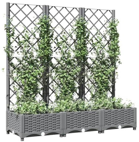 Kavolet Pflanzkübel mit Spalier, Gartenspalier, Hochbeet mit Rankgitter, Blumenkübel Rankhilfe, 3 Töpfen Pflanzkübel Pflanzkasten, Hellgrau 120x40x121,5 cm PP