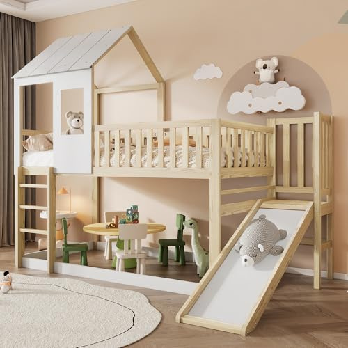 Cabaña infantil 90 x 200, litera para niños, protección contra caídas, cama alta de 2 plazas, con escalera rectangular y tobogán, con techo y ventana y rejilla, estructura de pino, blanco natural