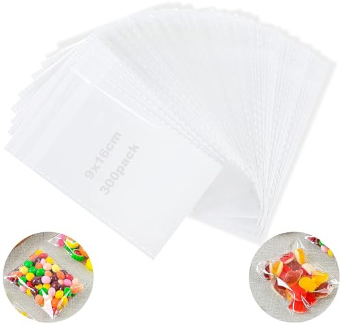 Cellofanpåsar klar, 300 stycken självhäftande plastpåsar, 9 x 16 cm genomskinliga godispåsar, små cellofanpåsar, med självhäftande lås, för sötsaker, kakor bakverk slingor