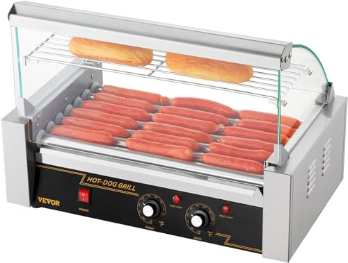VEVOR Máquina de Rodillos para Perros Calientes de 55,5 x 32,5 x 41 cm con una Parrilla de Acero Inoxidable de Calidad Comercial, 50 °C-250 °C, 1,4 kW ±15%, para Puestos de Comida, Fiestas y Barbacoas