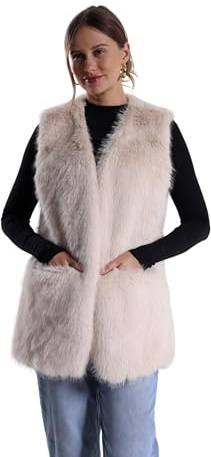 FunnyCos Gilet en fausse fourrure de lapin pour femme, manteau d'hiver avec col en V, sans manches, duveteux, chaud, gilet en fausse fourrure avec poches, beige, L taille tall