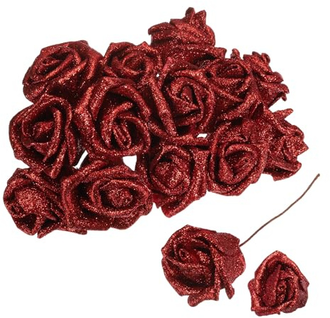 sourcing map 50pcs Glitters Roses Artificial Flower, Fake Roses with Stems Foam Real Touch Faux Roses for Wedding Party Office Shower Home Decoration, Red