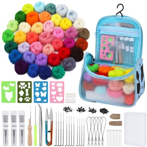 Deudy 148 Stück Filzen Starterset 40 Farben Filzwolle Starterset | Filzwolle Trockenfilzen, Grundlegende Filzwerkzeuge und Zubehör für Anfänger, DIY Filz Tier Handwerk