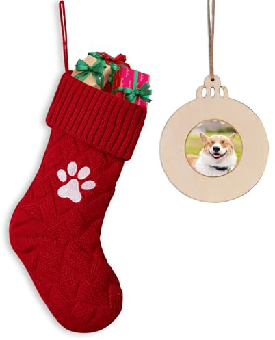 Mostop Strick-Weihnachtsstrumpf, großer roter Haustierstrumpf mit Pfoten-Stickerei, Weihnachtsstrumpf zum Aufhängen, für Heimdekoration, Partyzubehör