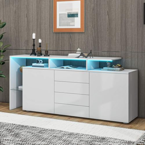 Sweiko Buffet LED de salon 160 x 35 x 70 cm avec rangement de tiroir, armoire multifonction avec câble de charge USB