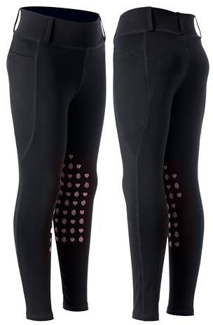 Equinavia Classic Kids Silicone Knee Patch Horse Riding Pants with Phone Pockets | Equestrian Breeches Unisex Schooling Tights for Girls and Boys - Black/Pink - XL