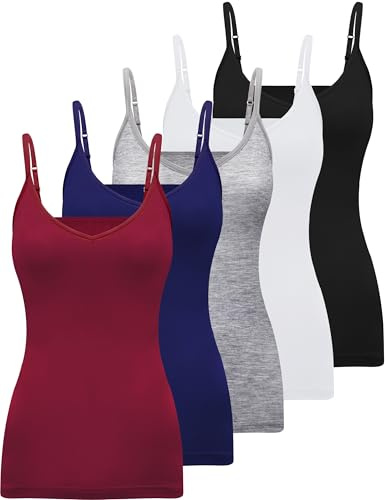 BQTQ 5 Stück Unterhemd Damen Camisole V Ausschnitt Camisoles Spaghettiträger Top mit Verstellbarer Strap für Damen，L (Klassische Farbe)