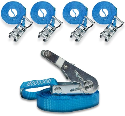 DoZurr 1000 Lot de 4 Sangles d'arrimage avec cliquet de Pression Stable, en Une Seule pièce, pour cerclage, Charge maximale : 1000 kg, 25 mm de Large x 6 m de Long, Bleu