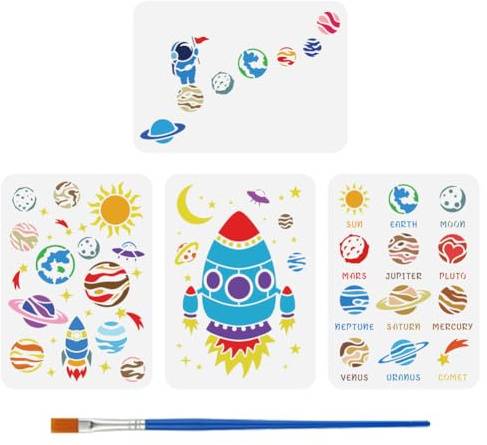 FINGERINSPIRE 4 Stück Malschablone Mit Pinsel 21x29.7cm Planeten Astronauten Schablone Rakete Sonne Mond Stern Schablone Universum Planeten Schablone Universum Themenschablone Für Dekoration