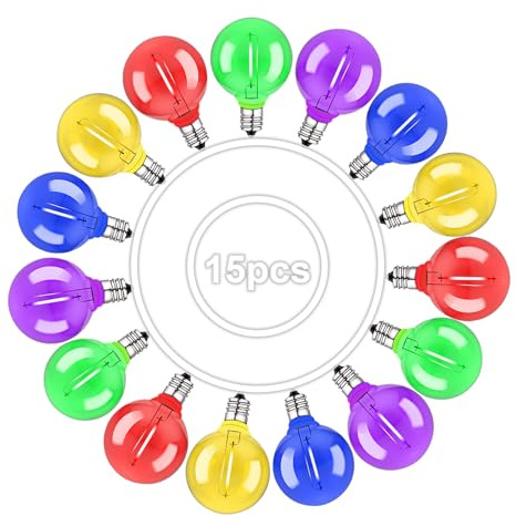 RCVEHO G40 LED Bulbs Outdoor- G40 Bulbs Plastic Shatterproof, Colourful 5 Color Total 15Pcs, Energy Saving 0.6W, Globe Bulb E12 Screw 220V~240V Replacement Decoration for Garden Patio Party Wedding