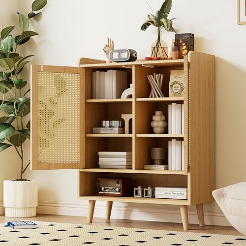 YuQozii Schuhschrank aus natürlichem Rattan, Schuhkommode Schuhregal mit 2 Türen und 5 Regalböden, für den Flur. Mit Holzgriffen und Massivholzbeinen. Maße: B80/H105/T35 cm