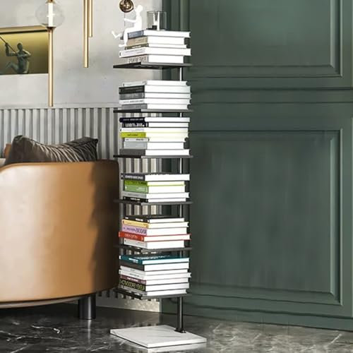 Moderner Bücherturm mit Buchrücken, vertikales Bücherregal, freistehend, offene Regale, Bücherregal für Wohnzimmer, Schlafzimmer, Büro, Schwarz