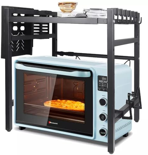 Yulun0328 Expandable 2-Tier Microwave Shelf Organizer - Over The Microwave Shelfs, Kitchen Countertop Organizer with 6 Hooks, Bread Machine Storage, Space-Saving Kitchen Counter Shelfs
