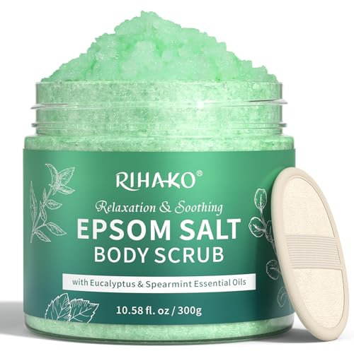 Eucalyptus & Spearmint Epsom Salt Body Scrub, Exfoliating Body Scrub for Women, Moisturizing and Nourishing Skin, Soothes Muscle Tension, All Skin Types, Bath Salts for Muscle Soak, 300g
