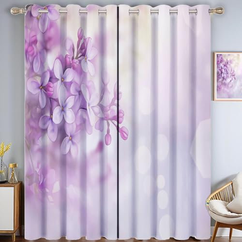 MULERN Blackout Curtains Fabric W 66 x L 90, Watercolor Lilac Thermal Insulated Eyelet Curtain, Room Darkening Curtain Ring Top Curtains for Living Room, Spring Flowers Curtains & Drapes