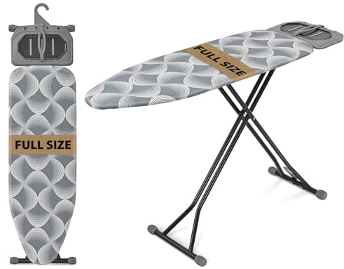 KINGRACK Ironing Board 115x38cm, Metal Panel Foldable Full Size Ironing Board with Iron Rest, 7 Height Adjustable, Heavy Duty Folding Iron Stand with Hanger, Grey