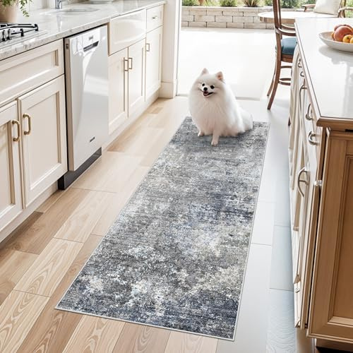 BYYVOO 2x5 Rug Runner Non-Slip Washable– Modern Neutral Abstract Kitchen Bathroom Hallway Bedroom Area Rug – Soft Thin Low-Pile Small Short Floor Mat (Blue Grey,2x5)