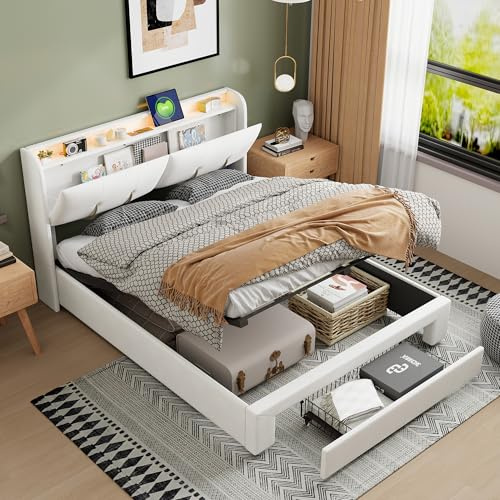 MISNODE Boxspringbett 140x200 cm, Doppelbett mit LED und USB, Polsterbett Bettrahmen aus Samt mit Stauraum und Lattenrost, Holzbett für Erwachsene und Jugendliche, Cremeweiß (140x200 cm, Cremeweiß)