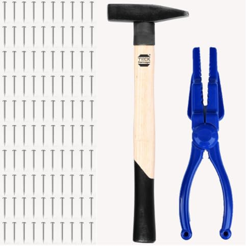 TECK Bildernägel & Schlosserhammer Set & Nagelhalter – 100× 2,0×25 mm Linsenkopf-Nägel verzinkt | Gehärteter Stahl, MADE IN GERMANY, modern & schlicht + 300 g Hammer + Nagelzange