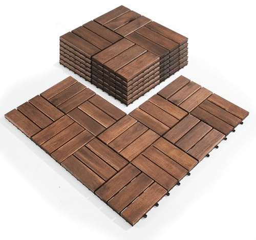 AN68 Premium Acacia Wood Interlocking Deck Tiles – Set of 9 pcs, 12x12, Waterproof Outdoor Patio Flooring, Weather-Resistant Wooden Tiles for Balcony, Backyard, Indoor & Outdoor Use (Dark Brown)