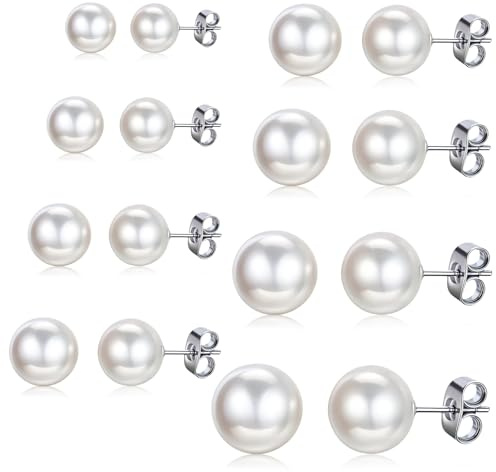 Pearl Earrings for Women, 8 Pairs Pearl Stud Earrings in 3/4/5/6/7/8/10/12mm, Hypoallergenic White Earrings for Daily Wear and Special Occasions, Classic Gift for Her