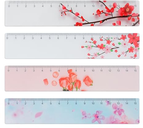 BAYTORY 4 règles en plastique de 15 cm, petites règles esthétiques en acrylique, avec mesures en centimètres, pour l'école et le bureau (Fleur)
