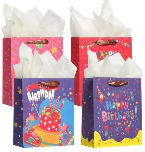 Geschenktüten mit Seidenpapier 4 Stück | Geburtstagsbeutel mit Henkeln (22,9x17,8x10,2 cm) für Geschenke, Party, Kinder & Erwachsene